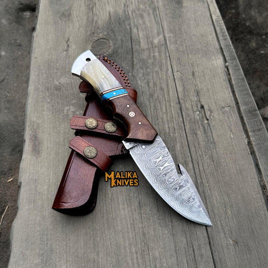 Stainless Damascus GutHook Hunting Knife | Wood & Resin handle