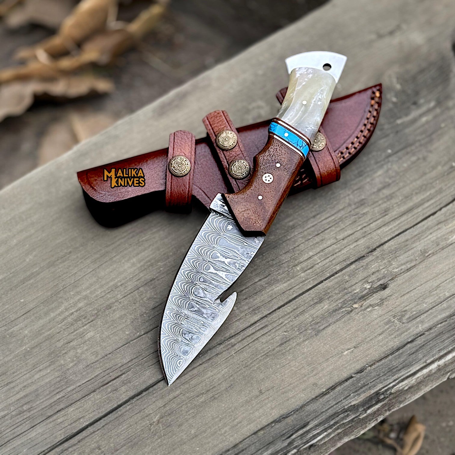 Stainless Damascus GutHook Hunting Knife | Wood & Resin handle
