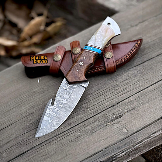 Stainless Damascus GutHook Hunting Knife | Wood & Resin handle