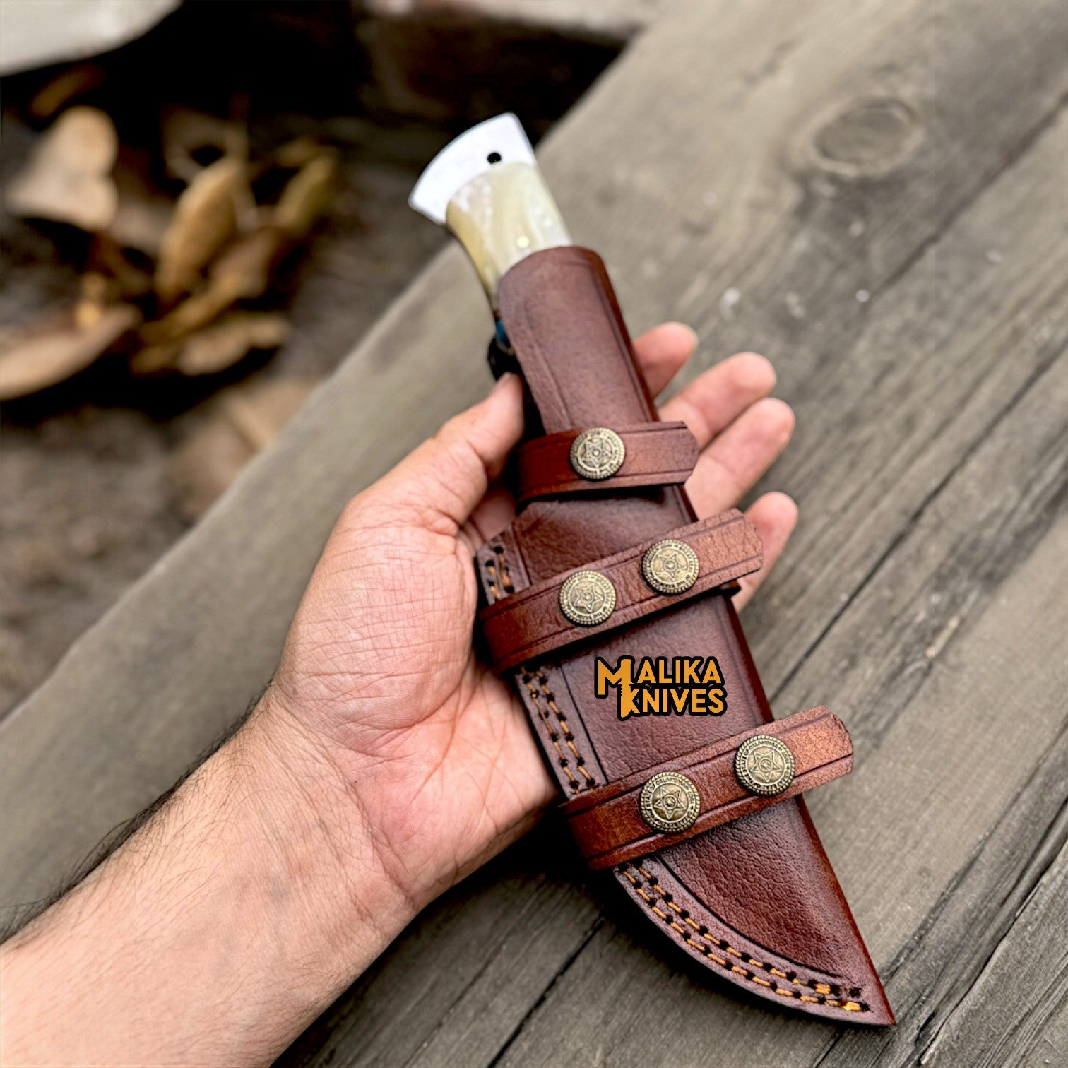 Stainless Damascus GutHook Hunting Knife | Wood & Resin handle in leather sheath