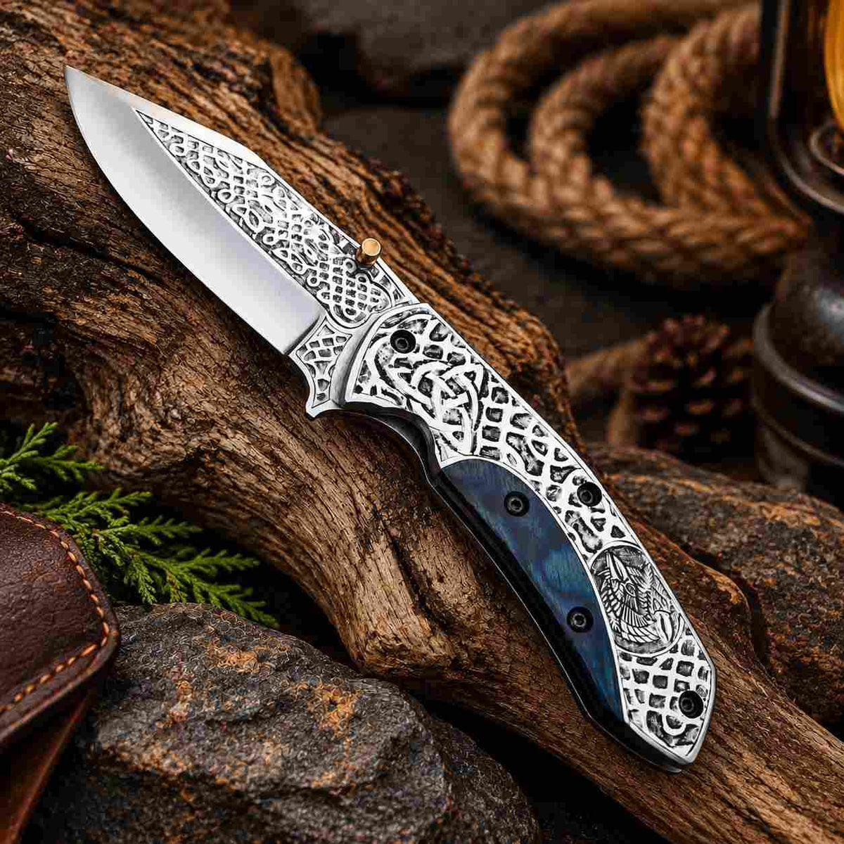 Acid etched Viking folding knife with D2 steel blade and engraved handle design
