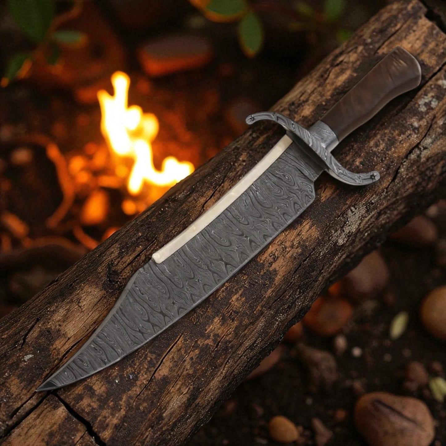 Handmade Alamo Musso Bowie Knife – Damascus Blade with Rosewood Handle & Leather Sheath