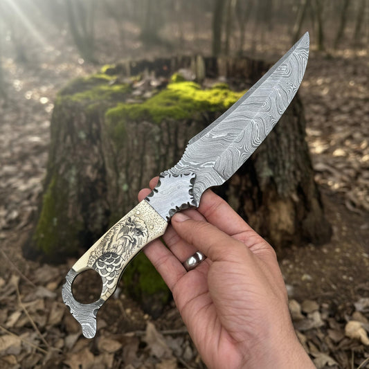 damascus biker ringtail knife camel bone handle fixed blade edc knife horizontal sheath