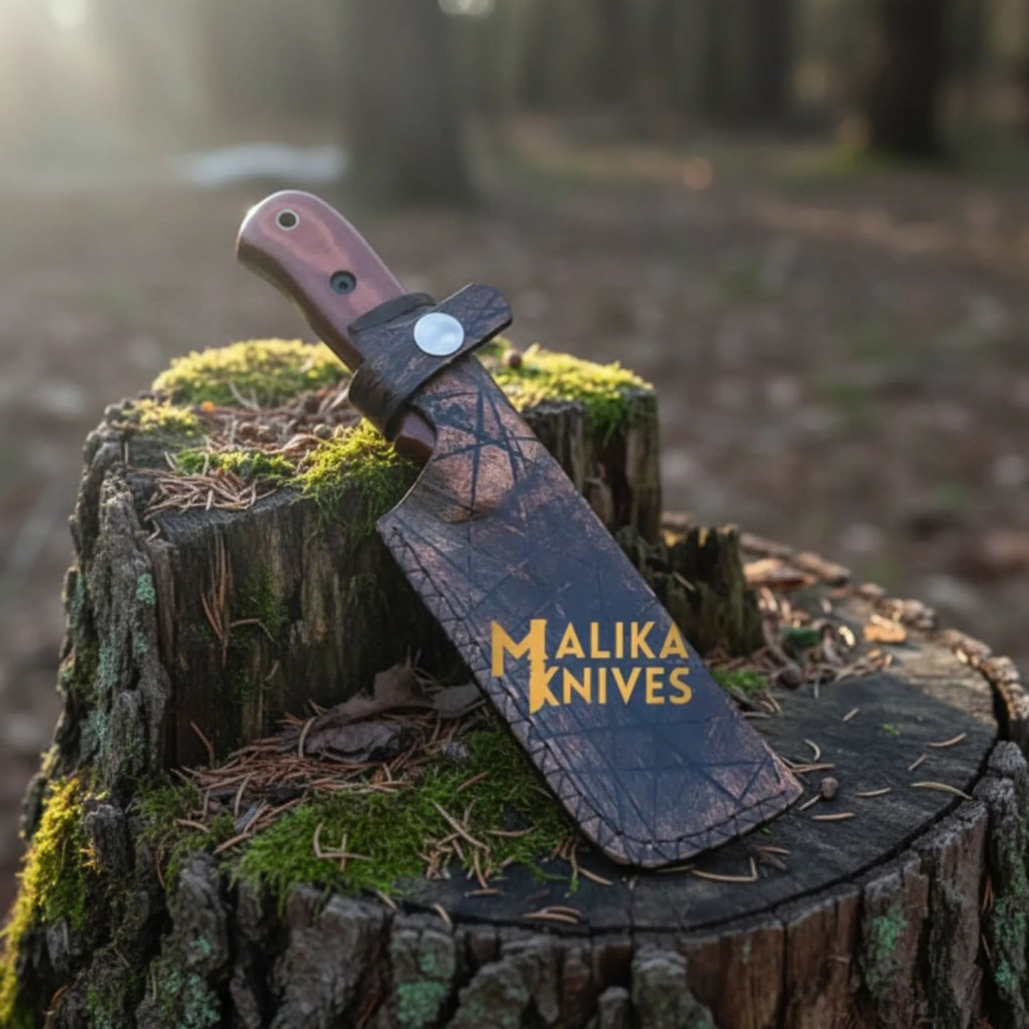 Blue Creek D2 hunting knife with G10 handle and custom leather sheath on outdoor wooden surface