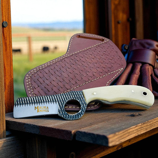 Handmade bull cutter cowboy knife with D2 rasp steel blade and camel bone handle in leather sheath.