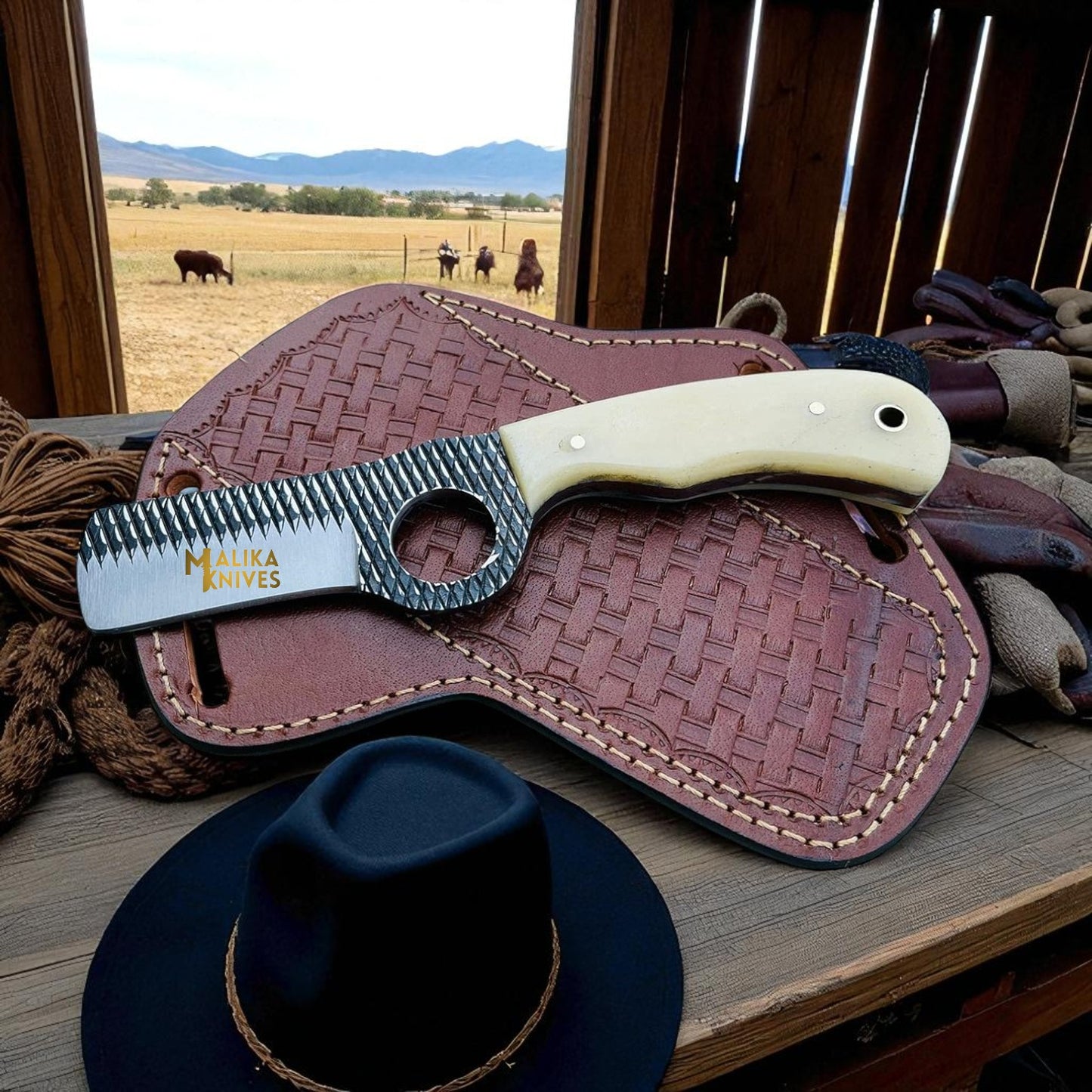 Bull Cutter Knife | Cowboy Knife | D2 Rasp Steel Blade, Camel Bone Handle & Leather Sheath