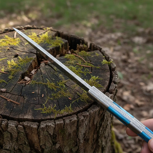Hand-engraved spine of hunting knife with a Tinted Camel bone handle, against a wooden background.