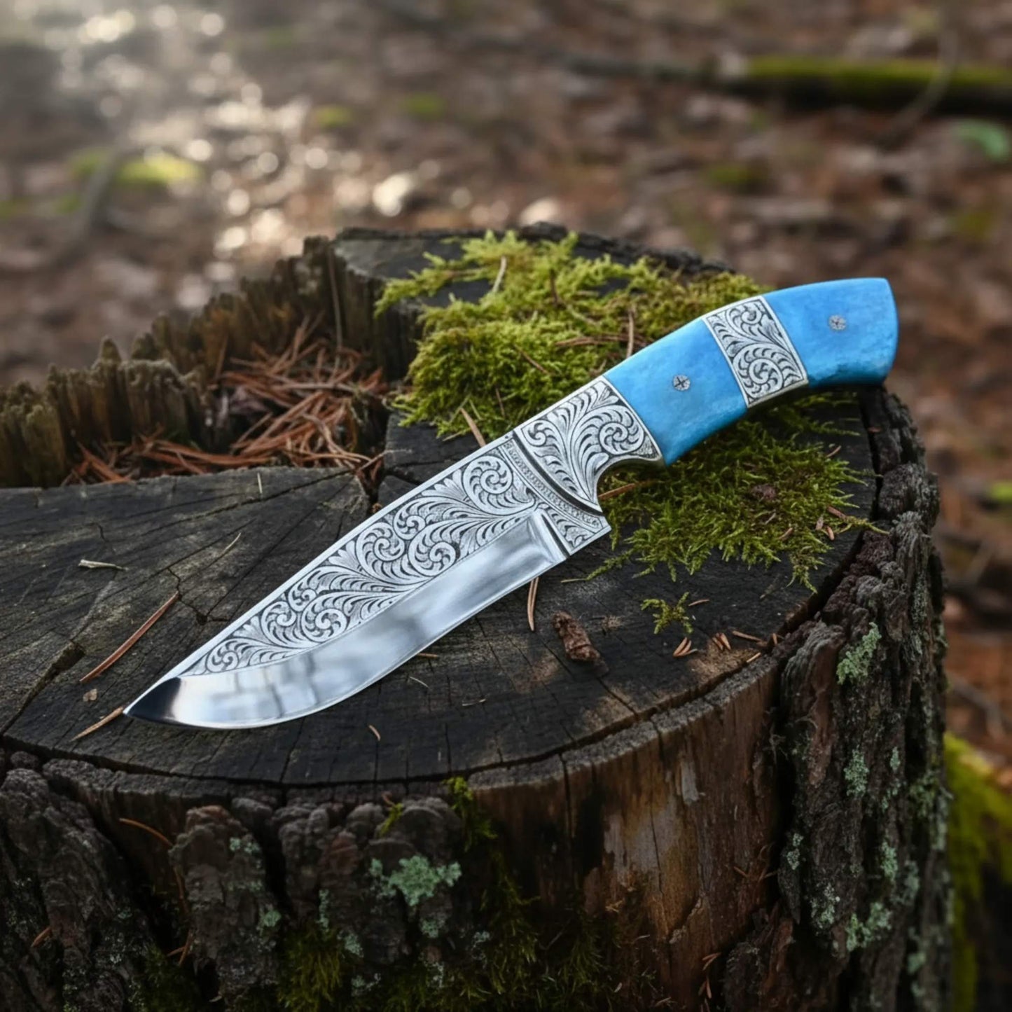 Hand-engraved hunting knife with a Tinted Camel bone handle, on a wooden background.