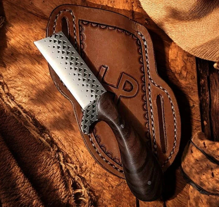 Bull cutter knife with D2 rasp steel blade and ironwood handle