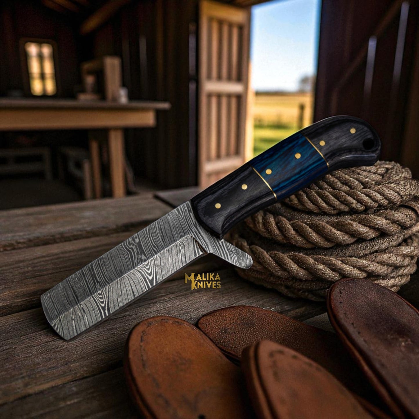 Damascus Bull Cutter Knife for Ranch Work & Butcher Cleaver Use – Pakka Wood Handle
