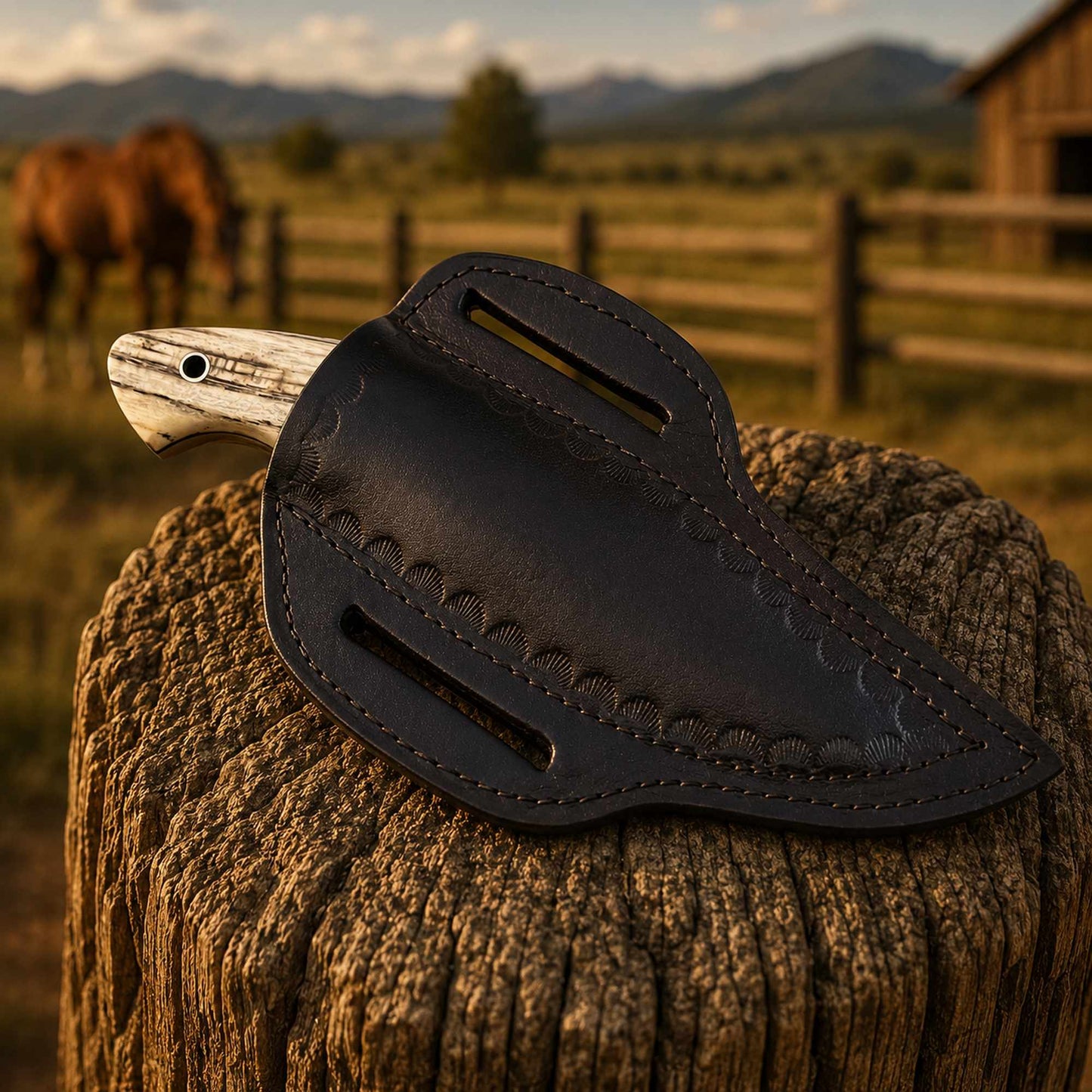 Custom Damascus EDC cowboy knife with pancake leather sheath outdoors