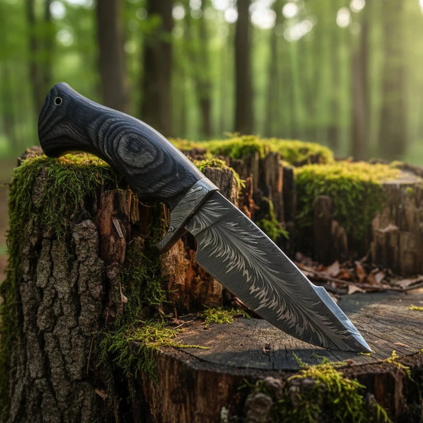 feather pattern damascus hunting knife with black pakka wood handle for hunting and field dressing