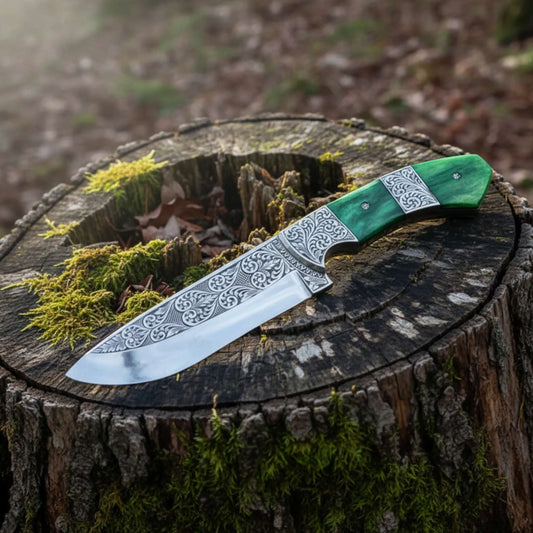 hand engraved hunting knife with D2 steel blade and tinted camel bone handle outdoor use