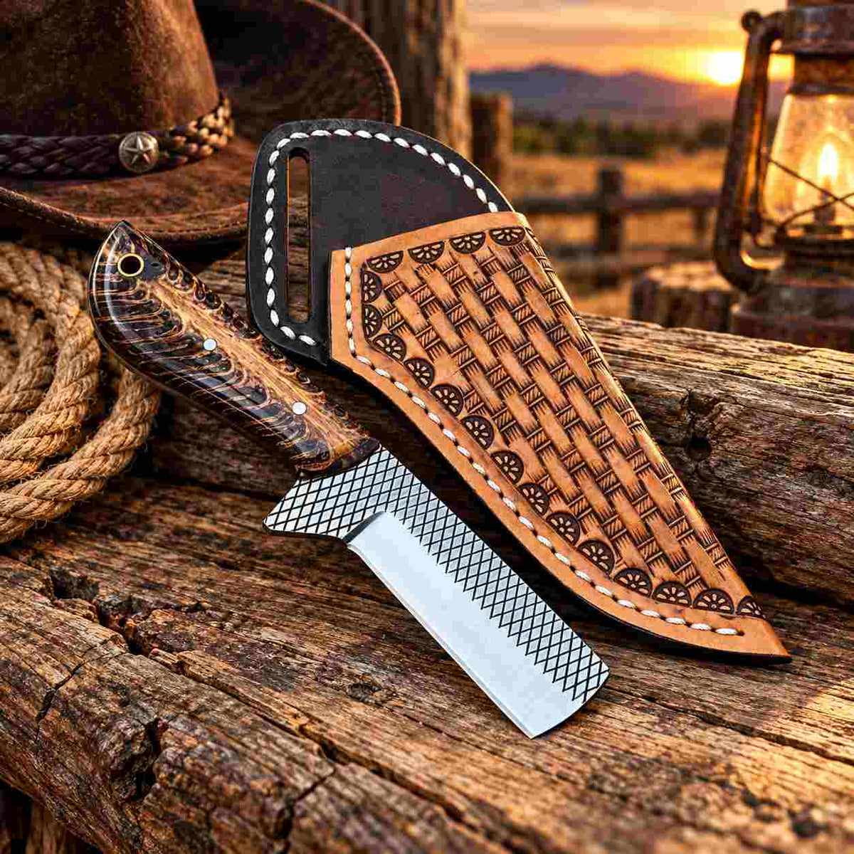6-inch fixed blade with Horse Rasp Stainless Steel construction and leather sheath