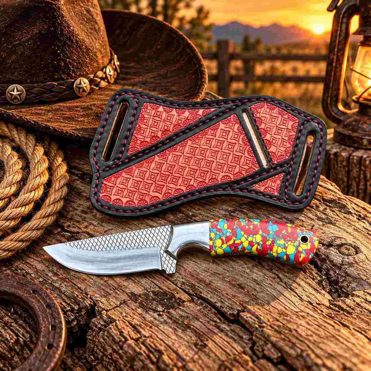 Horse Rasp steel bull cutter with stone handle and patterned blade