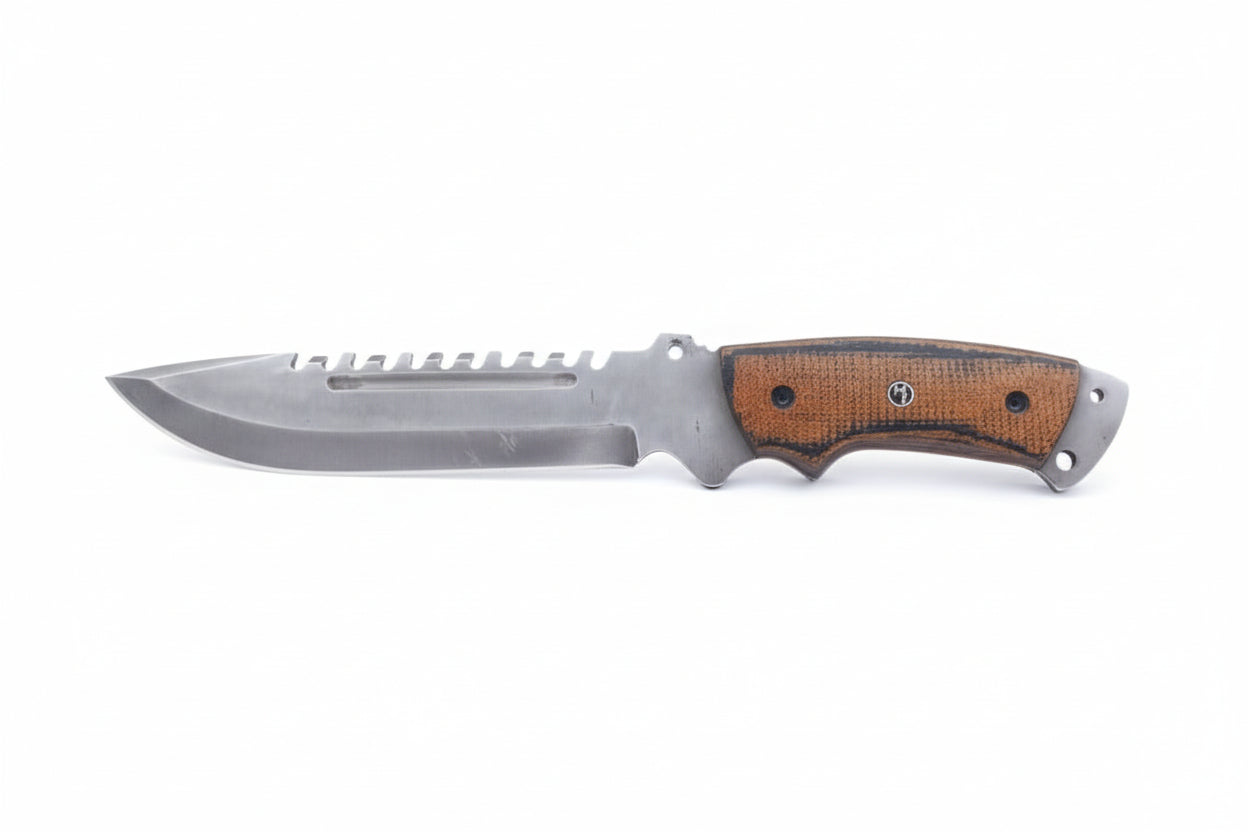 Hand holding a Hunter Point Bowie knife with a G10 handle, branded 'Malika Knives'.