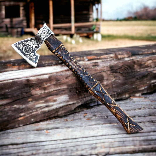 Hand-forged Viking bearded axe with raven and sunwheel engraved 1075 steel head and carved ash handle