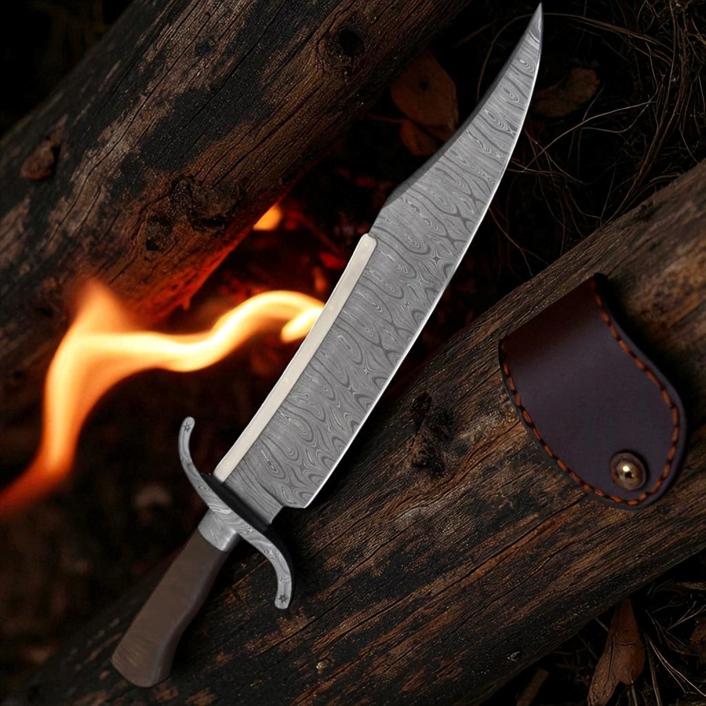 Handmade Alamo Musso Bowie Knife – Damascus Blade with Rosewood Handle & Leather Sheath