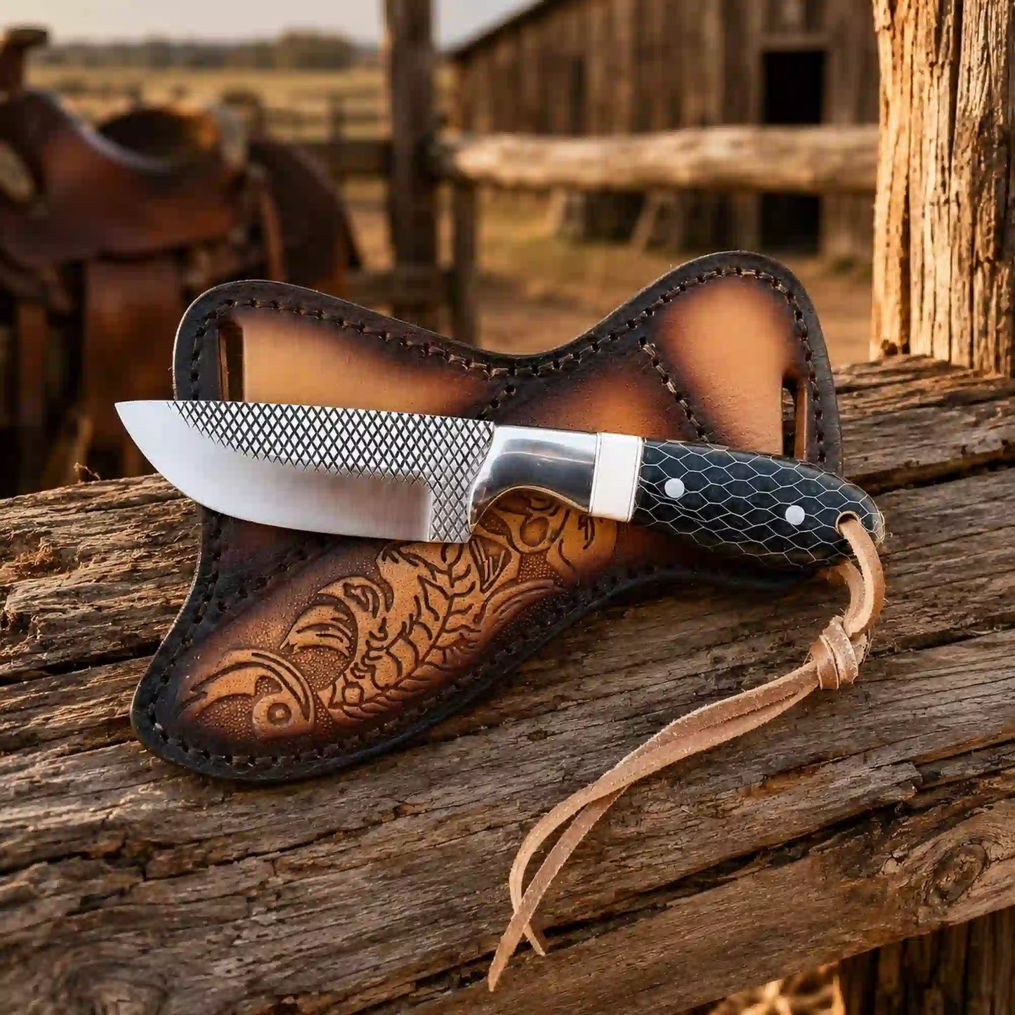 Buckaroo knife and crossdraw leather sheath at sunset