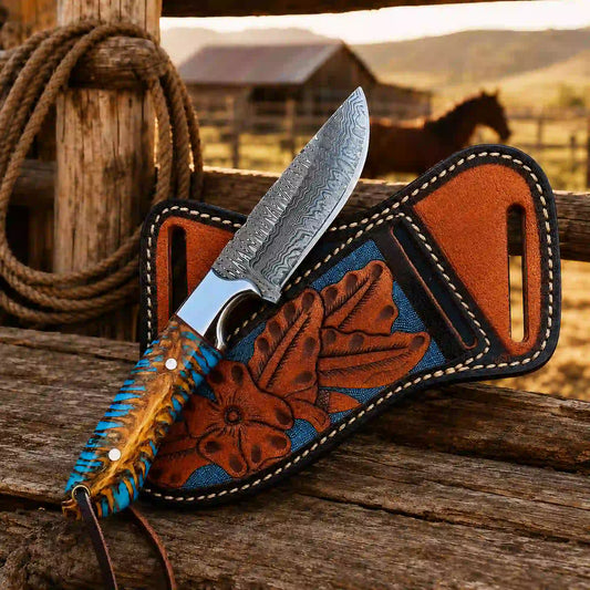 Pine cone buckaroo knife and sheath detail