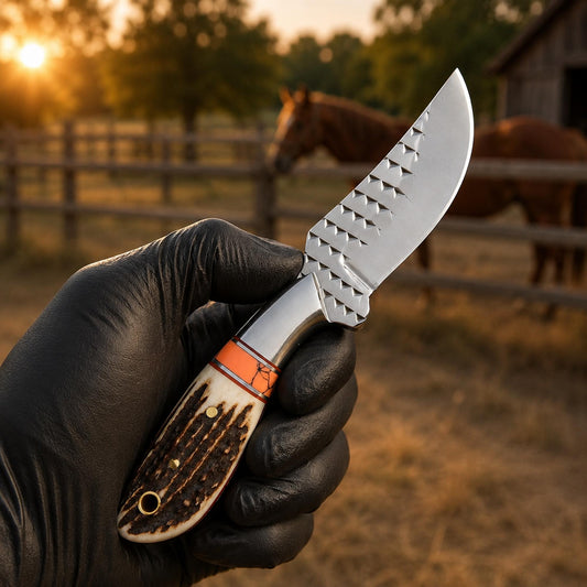 Western belt knife with D2 rasp steel blade, stag horn handle in hand