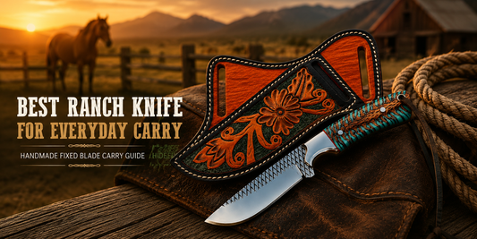 Handmade ranch knife rasp steel and pancake leather sheath displayed in a western outdoor ranch setup for everyday carry and hunting use