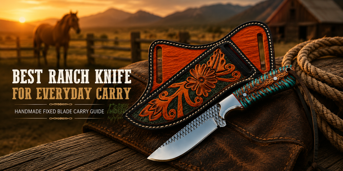Handmade ranch knife rasp steel and pancake leather sheath displayed in a western outdoor ranch setup for everyday carry and hunting use