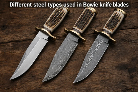 Bowie knife blade steel comparison showing different steel types and their performance features.