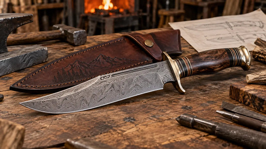 Custom Damascus Bowie knife handcrafted by a United States knife maker