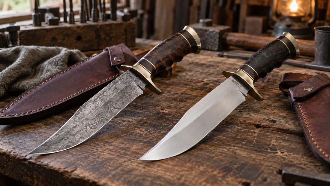 Damascus Bowie knife compared with a regular Bowie knife showing differences in blade pattern and steel finish