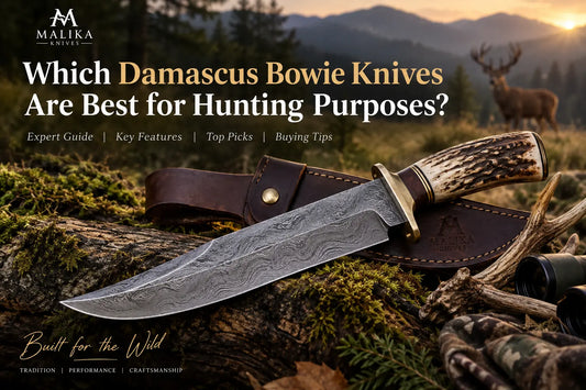 Damascus Bowie knife designed for hunting and outdoor field use
