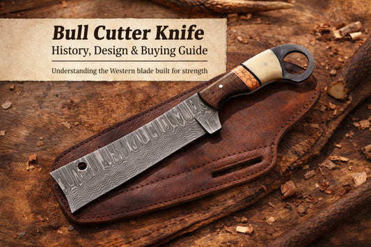 Bull cutter knife on saddle leather with rustic Western background