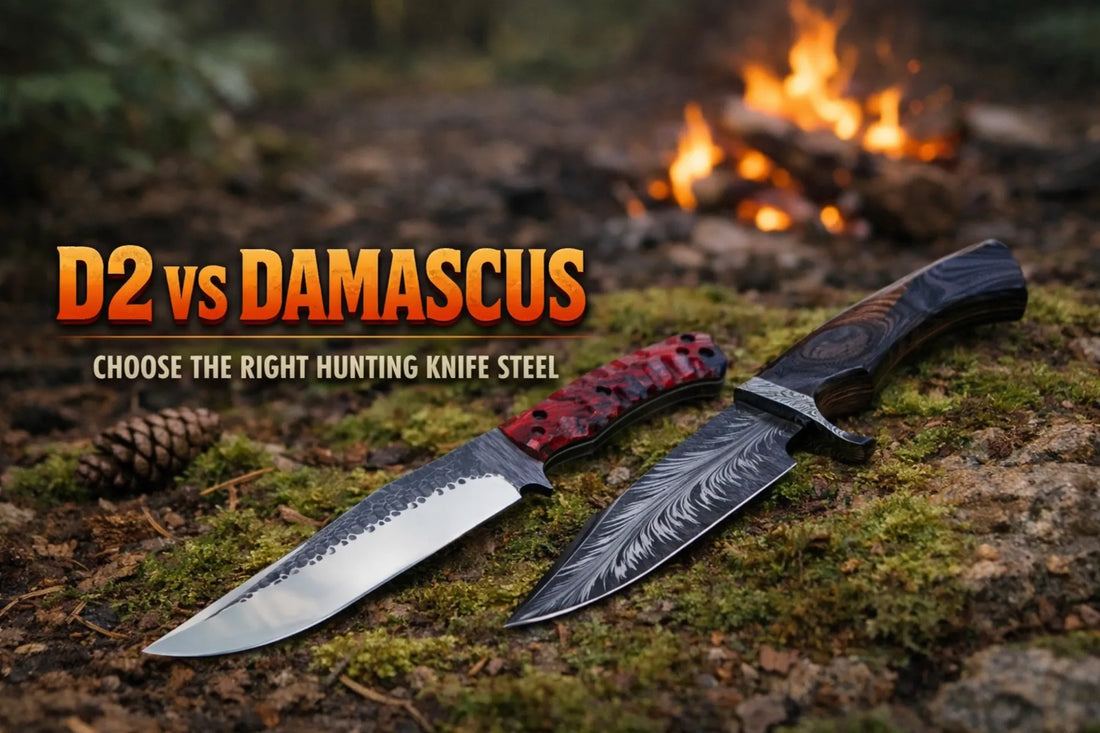 D2 vs Damascus hunting knife steel comparison with outdoor campfire setup