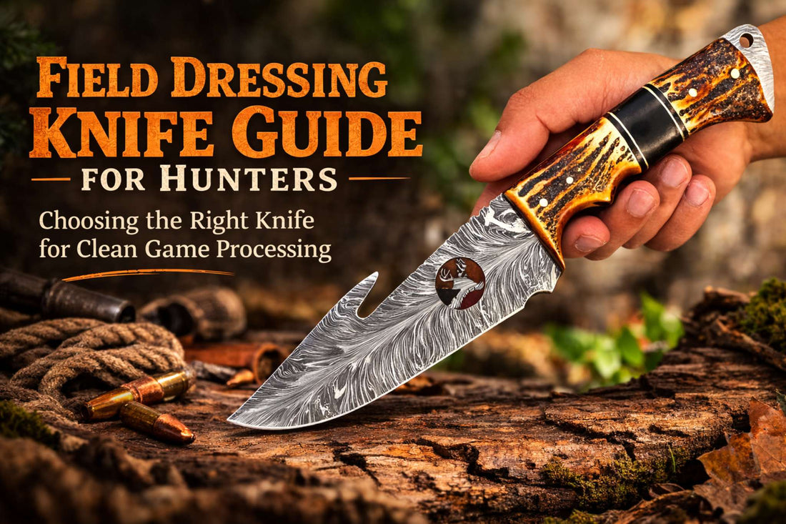 field dressing hunting knife beside hunting gear at forest campsite