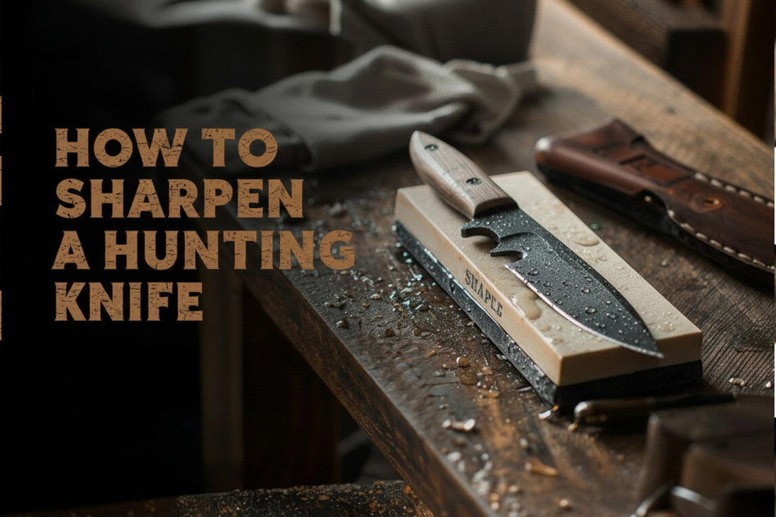 metal tool on sharpening stone with rustic wooden background