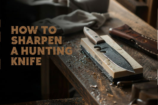 metal tool on sharpening stone with rustic wooden background