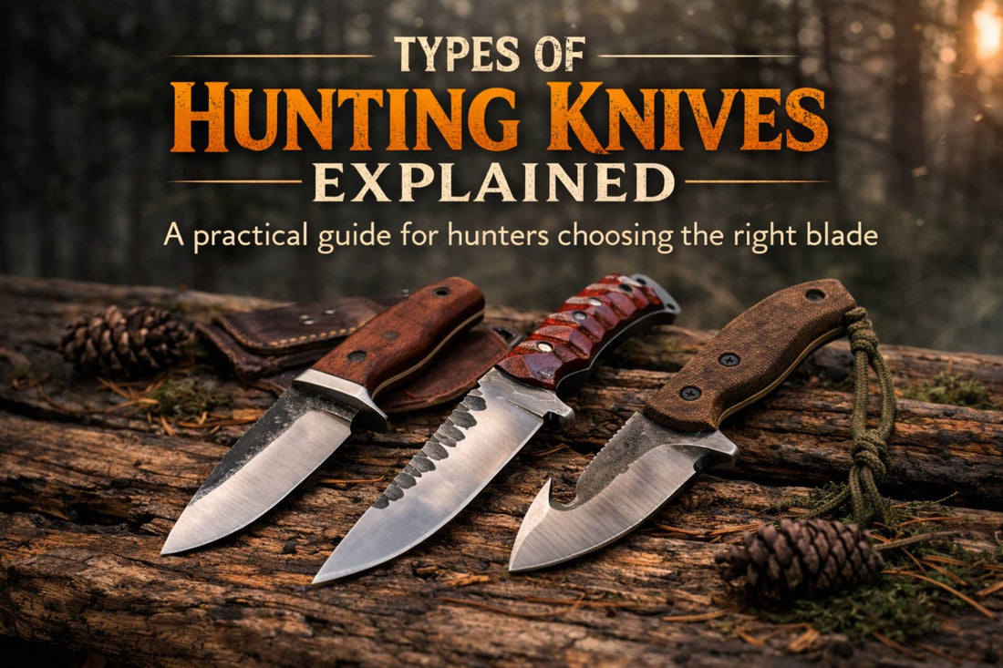 types of hunting knives including drop point clip point and gut hook blades displayed on rustic wood