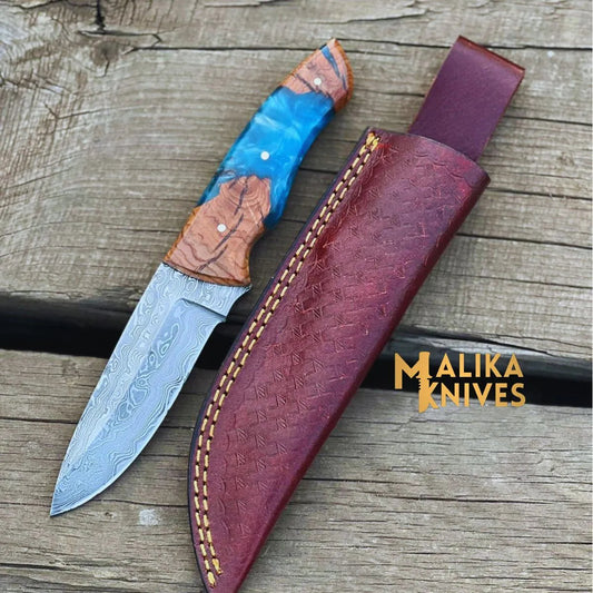 Handmad Damascus Steel Skinner Knife - Rosewood & Resin Handle - Leather Sheath - Ultimate Outdoor Companion-0024