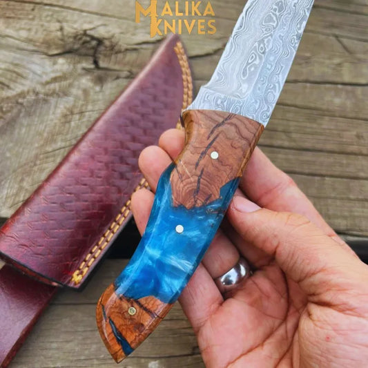 Handmad Damascus Steel Skinner Knife - Rosewood & Resin Handle - Leather Sheath - Ultimate Outdoor Companion-0024