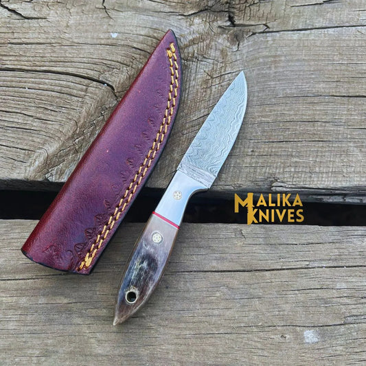 "Exceptional Damascus Steel Skinner Knife with Genuine Ram Horn Handle - Ultimate Precision for Hunting and Outdoor Enthusiasts-0026