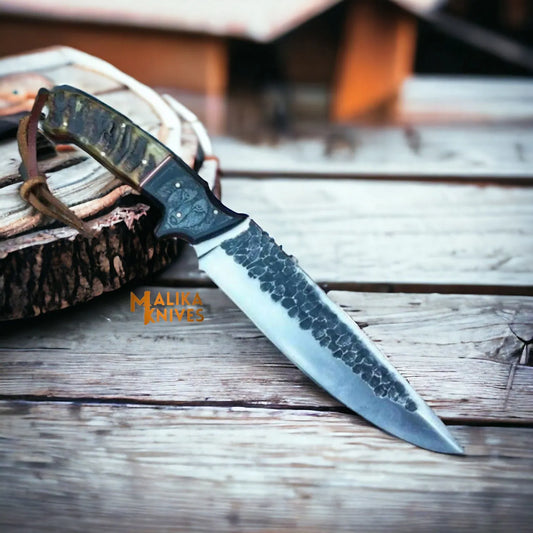 Hand forged D2 Wolf Hunting Knife - with Full Tang Build &  Engraved Leather Sheath-0357
