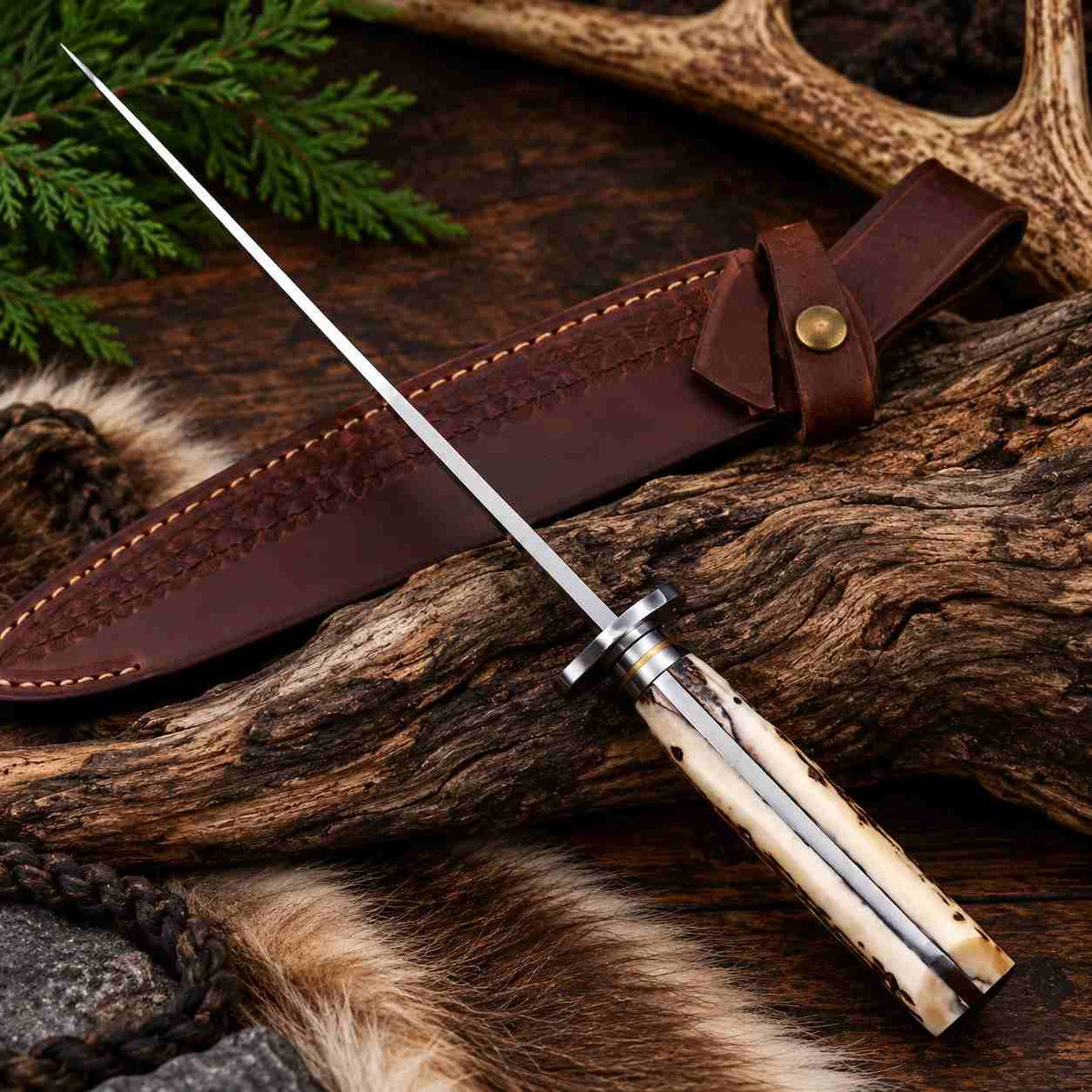 1095 and 15N20 Damascus Bowie knife with natural bone handle and leather sheath