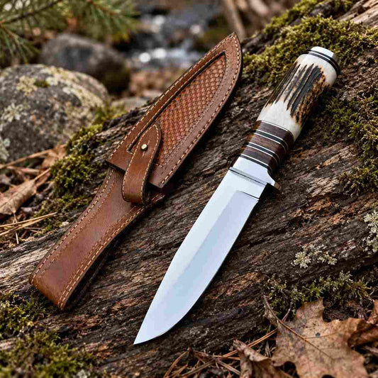 11 inch D2 steel hunting knife with natural antler handle and leather sheath