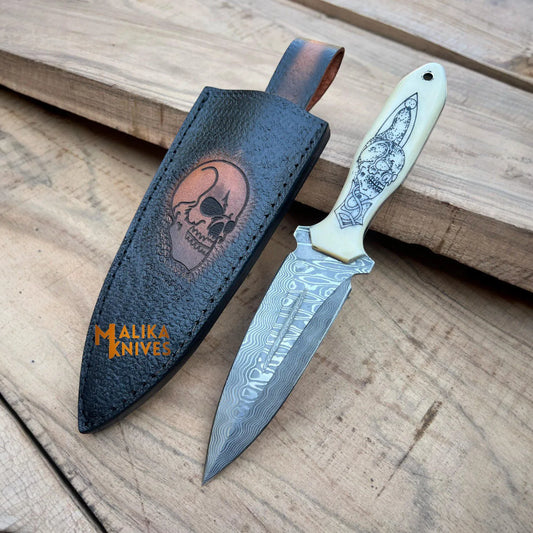 Tactical Dagger knife-SS Damascus-Skull Engraved Camel bone Handle -Custom Skull Leather Sheath-1205