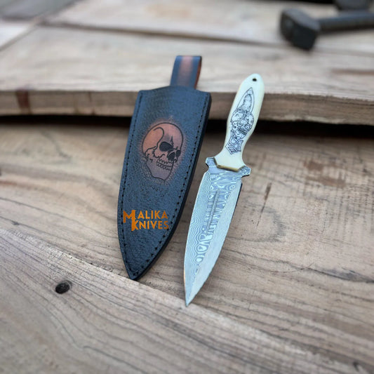 Tactical Dagger knife-SS Damascus-Skull Engraved Camel bone Handle -Custom Skull Leather Sheath-1205