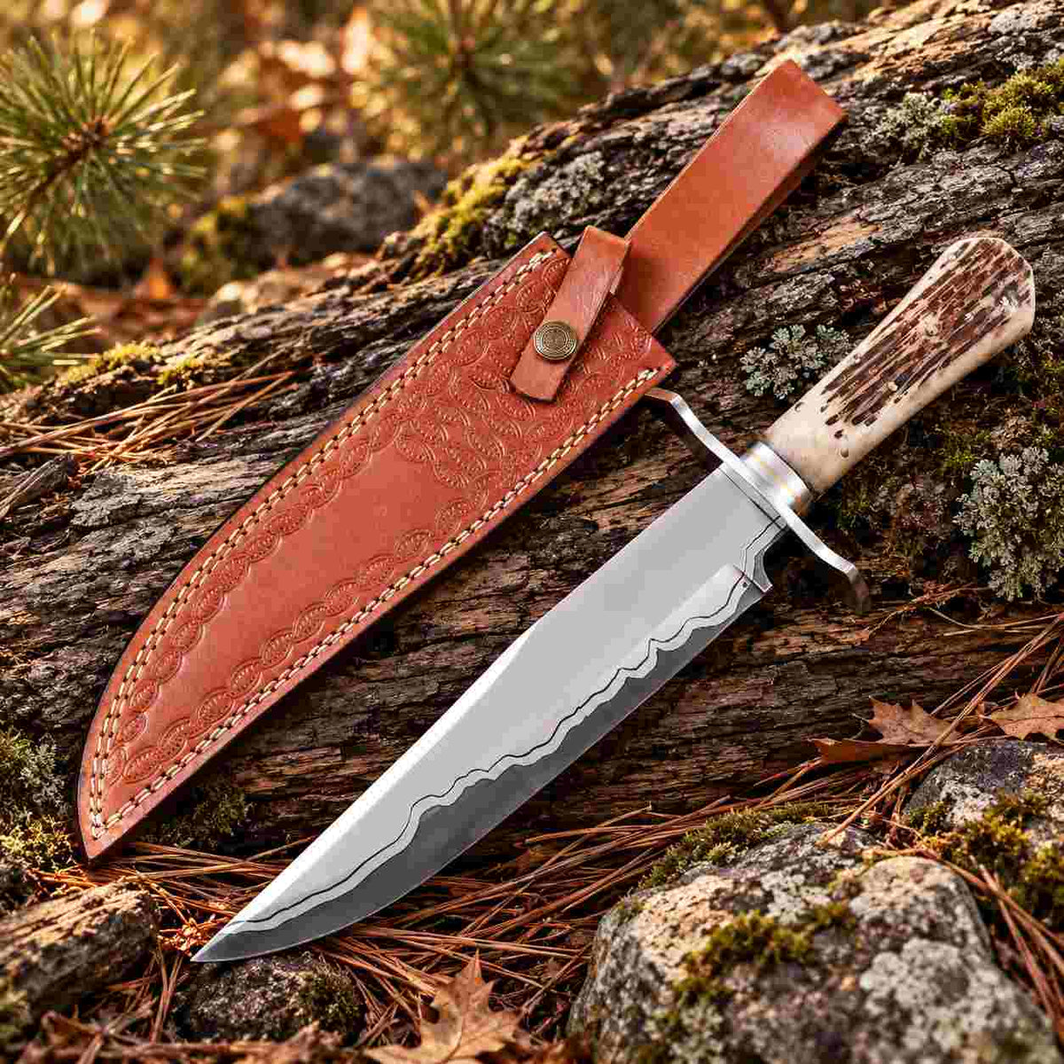 15 inch handmade Damascus Bowie knife with natural handle