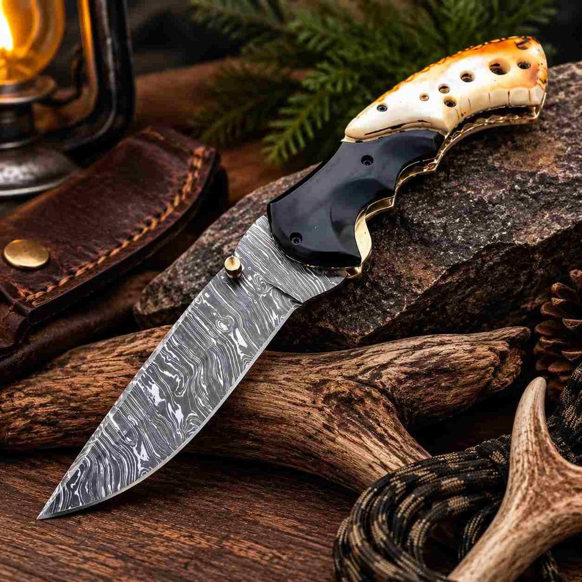  15N20 and 1095 Damascus steel folding pocket knife with patterned blade