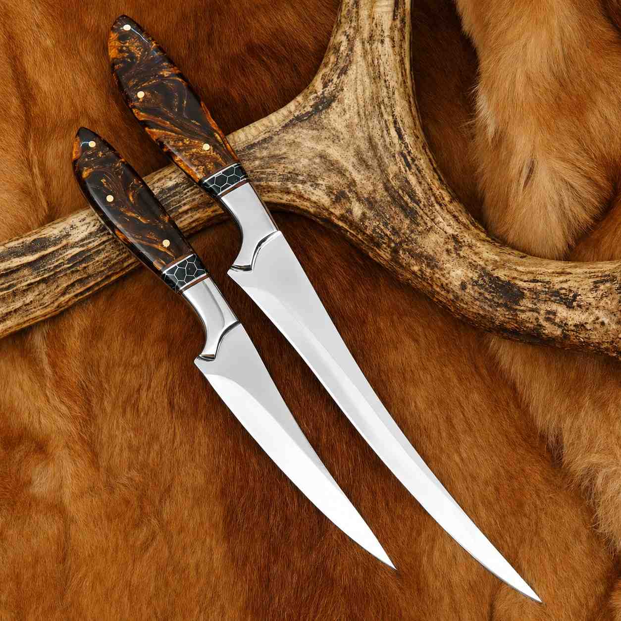 Two-piece 440C stainless fillet and boning knives showing flexible mirror-polished blades and resin handles