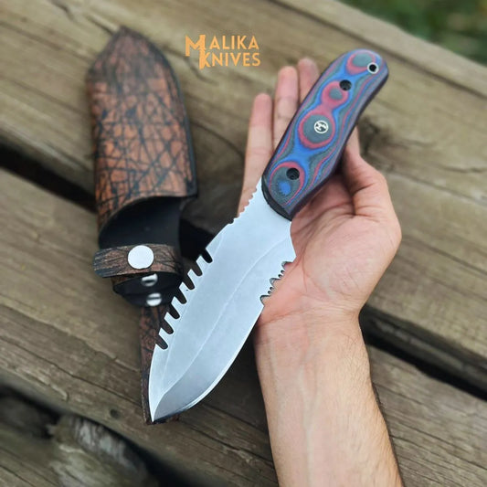 Handmade Hunter Point Blade hunting knife with Teeth blade and Custom leather sheath-0332