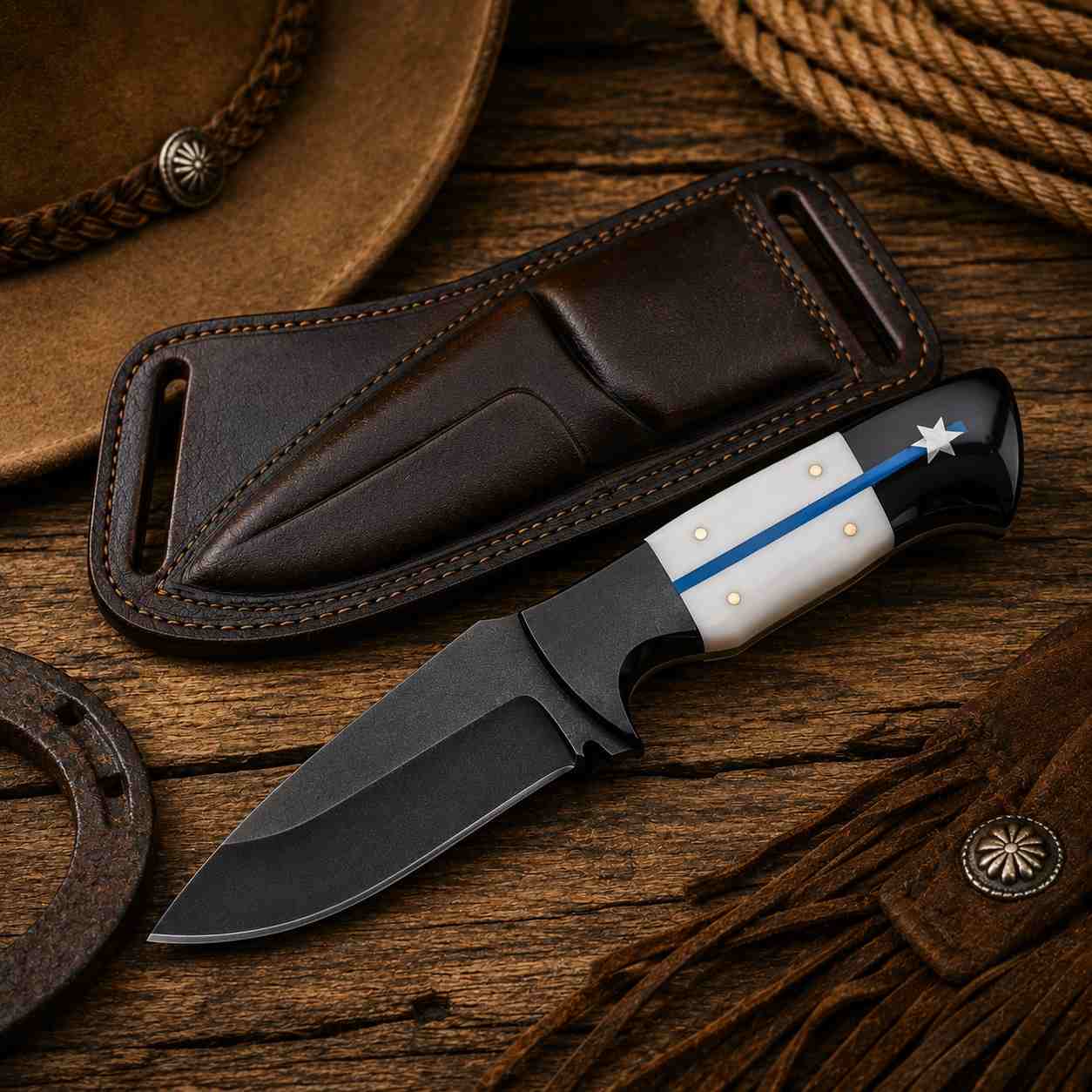 3.5-inch D2 steel cowboy knife with Texas Enforcement resin handle